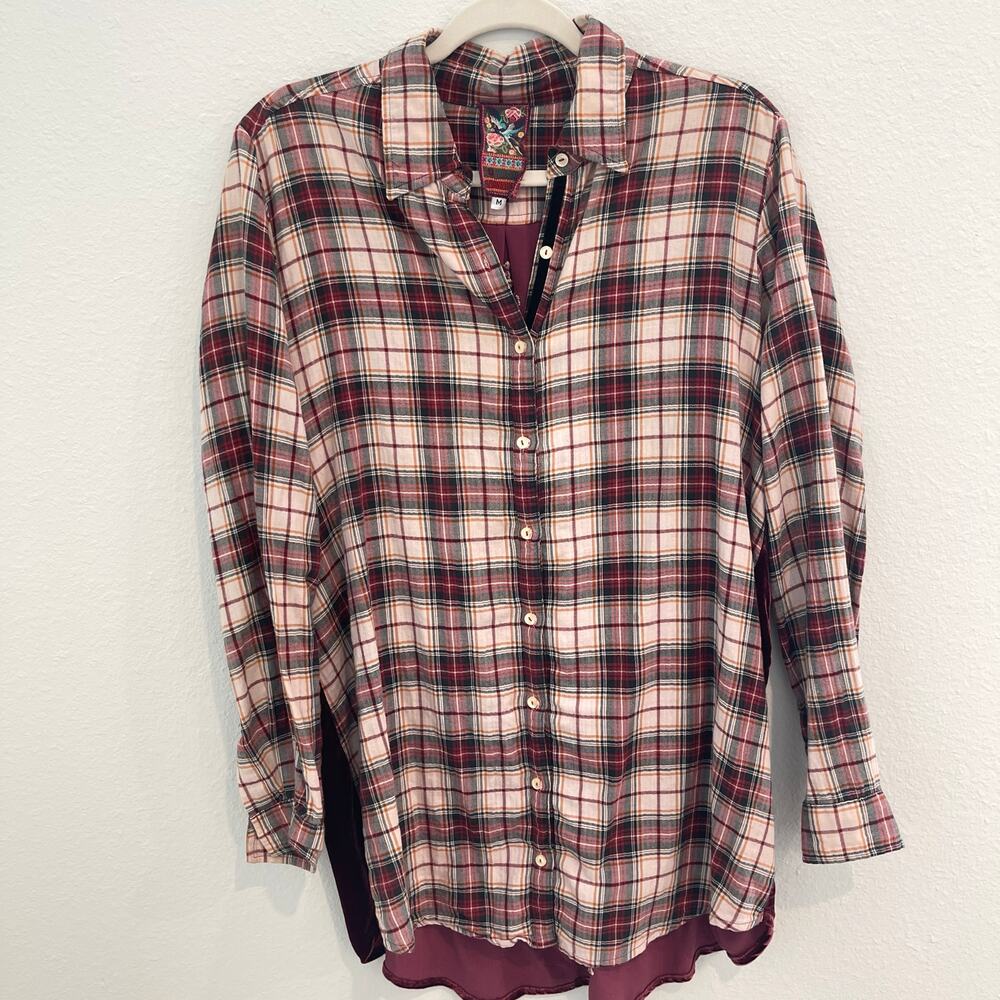 Johnny Was 3J Workshop Lorie Boho Plaid Button Down Embroidered Velvet Back Sz M - Picture 2 of 16